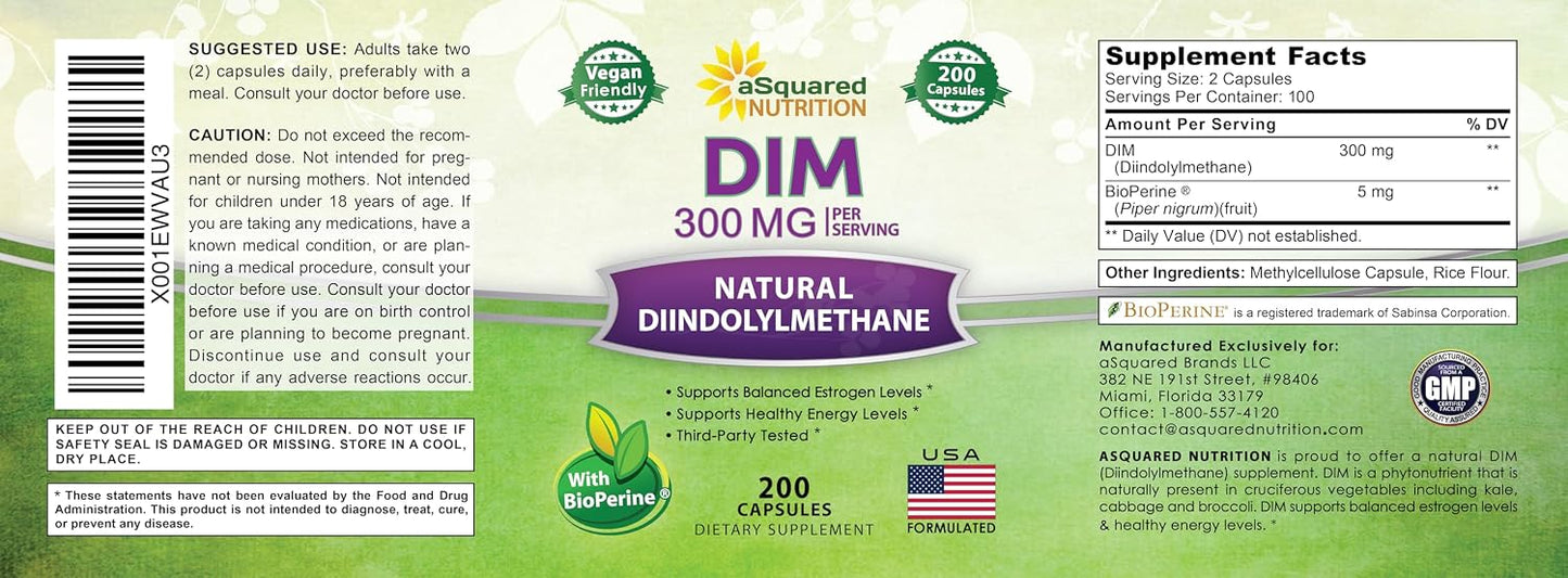 aSquared Nutrition DIM Supplement 300mg Per Serving Plus BioPerine - 200 Veggie Capsules - Diindolylmethane DIM Max Strength Pills to Support Estrogen Metabolism & Balance, Menopause, Hormonal Acne