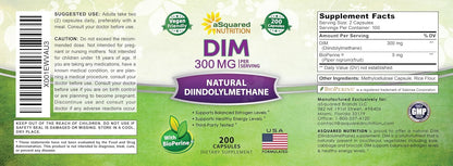aSquared Nutrition DIM Supplement 300mg Per Serving Plus BioPerine - 200 Veggie Capsules - Diindolylmethane DIM Max Strength Pills to Support Estrogen Metabolism & Balance, Menopause, Hormonal Acne