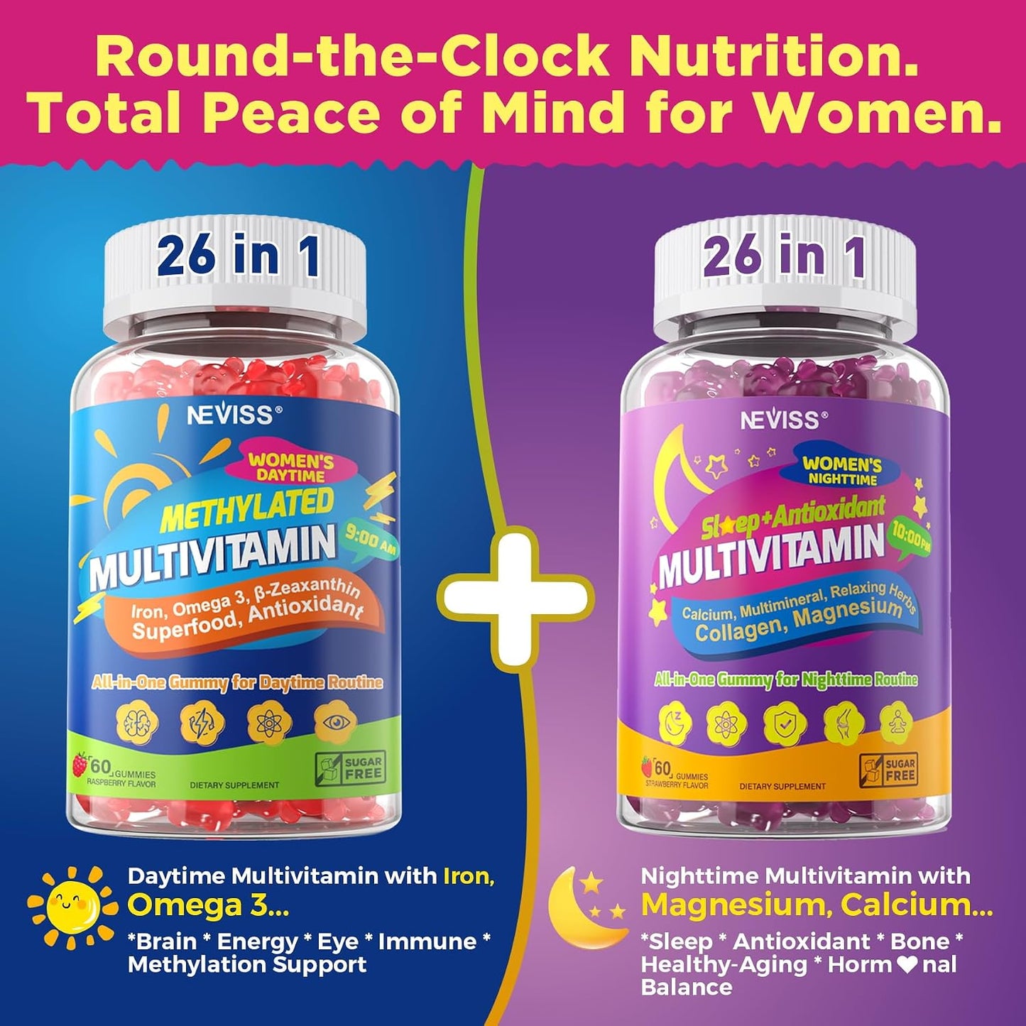 NEVISS 52-in-1 Methylated Multivitamin for Women Gummies with Iron, Omega-3, B6 B9 B12 for Day | Magnesium Glycinate, Calcium, Collagen for Night Renewal/Sleep, Womens 18 30 40 50 60 70+ AM PM Daily