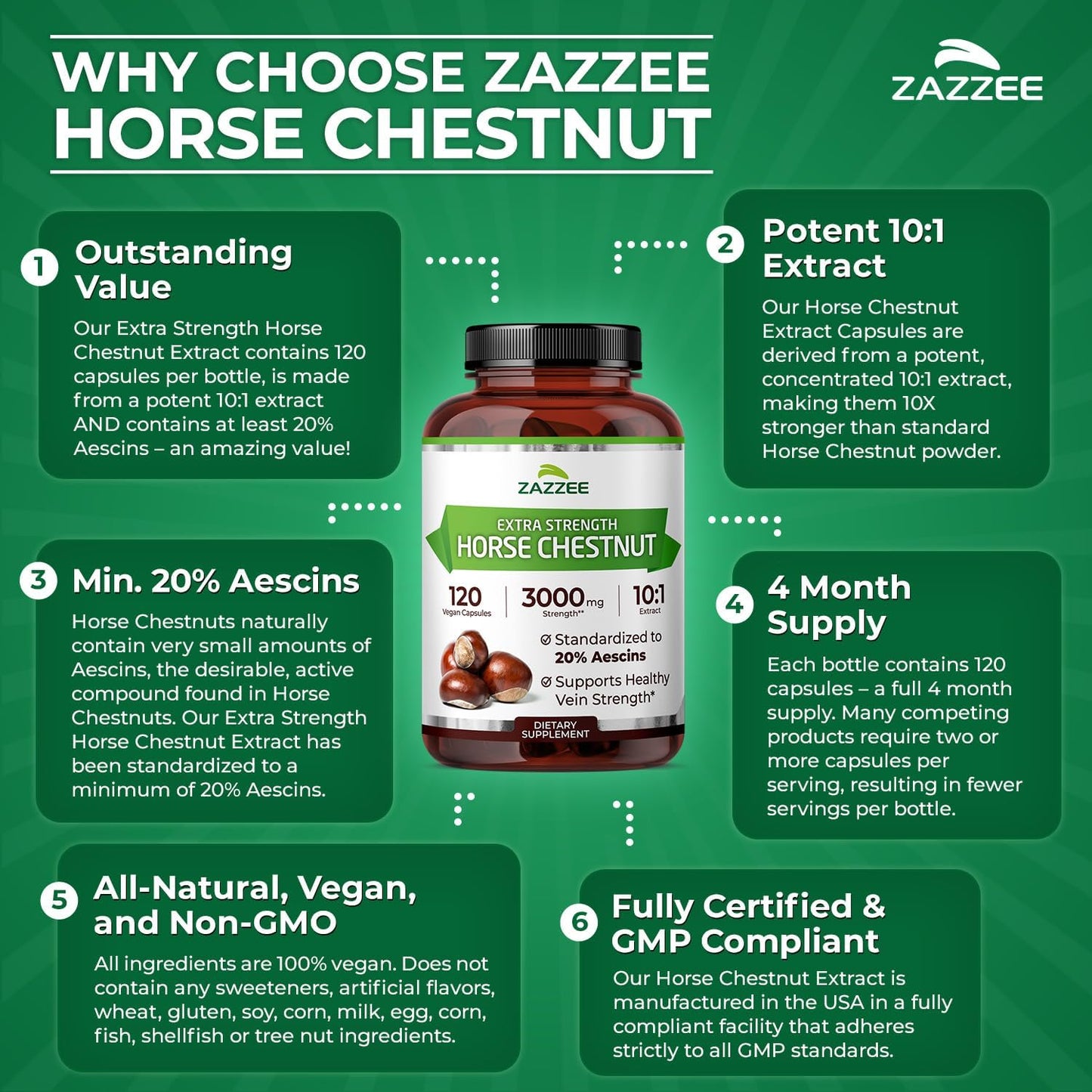 Zazzee Extra Strength Horse Chestnut 10:1 Extract, 20% Aescins, 120 Vegan Capsules, 4 Month Supply, Aesculus Hippocastanum, Healthy Circulation & Blood Flow Support, Non-GMO, Made in the USA