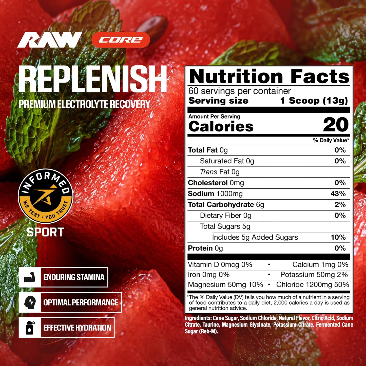RAW Replenish, Premium Electrolytes Powder Recovery Formula, Lemon Lime (60 Servings) - Flavored Electrolyte Drink Mix Supplement for Hydration, Replenishment, Endurance & Performance Workouts