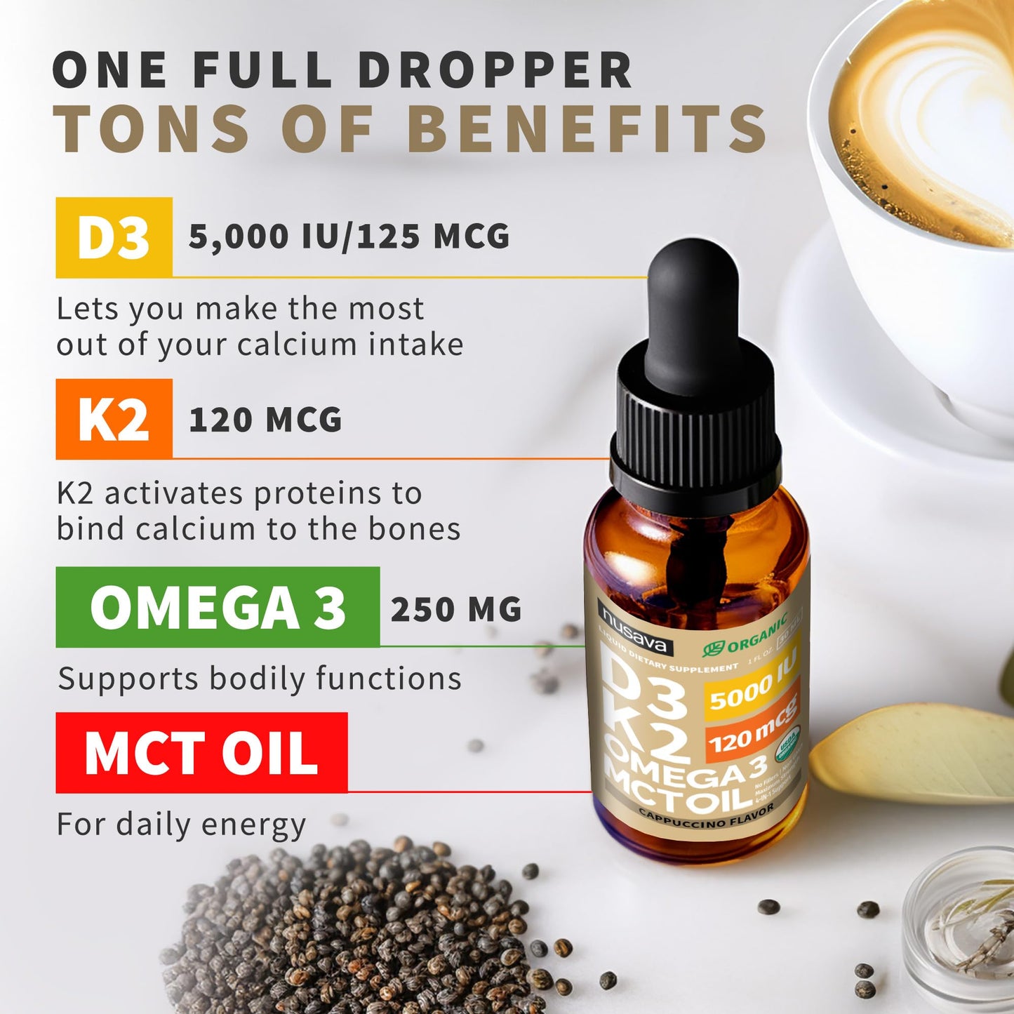 (2 Pack) Organic Vitamin D3 K2 Drops with MCT Oil & Omega 3 - Liquid Vitamin D3 5000 IU - K2 D3 Vitamin Supplement - Vitamin D Drops for Women & Men - No Fillers, Non-GMO, GMP, Unflavored (2 Fl Oz)