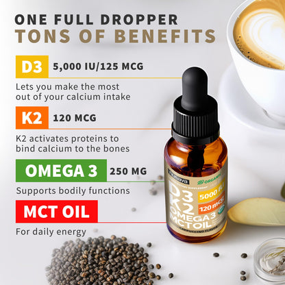 (2 Pack) Organic Vitamin D3 K2 Drops with MCT Oil & Omega 3 - Liquid Vitamin D3 5000 IU - K2 D3 Vitamin Supplement - Vitamin D Drops for Women & Men - No Fillers, Non-GMO, GMP, Unflavored (2 Fl Oz)