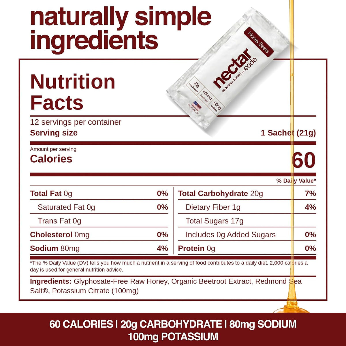 CODE Endurance Honey, Caffeine Free Energy Gel with Electrolytes, 12 Pack
