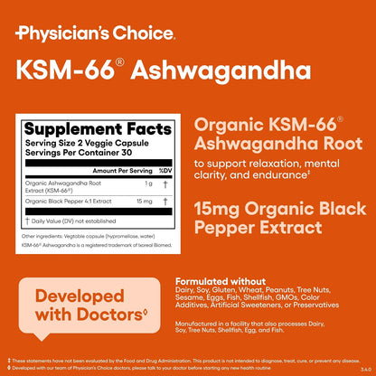 Physician's CHOICE KSM-66 Ashwagandha Root Extract 1,000mg, Organic, 60ct | Stress, Mood & Athletic Support, 5% Withanolides with Black Pepper Extract for Maximum Absorption, Vegan