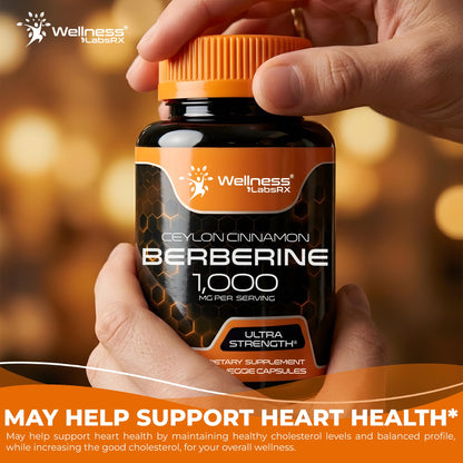 WELLNESS LABSRX Berberine 1,000mg - Third-Party Tested Berberine Supplement HCL with Ceylon Cinnamon, Black Pepper Extract and Apple Cider Vinegar, Heart Support Capsules - 240 Capsules - Pack of 2
