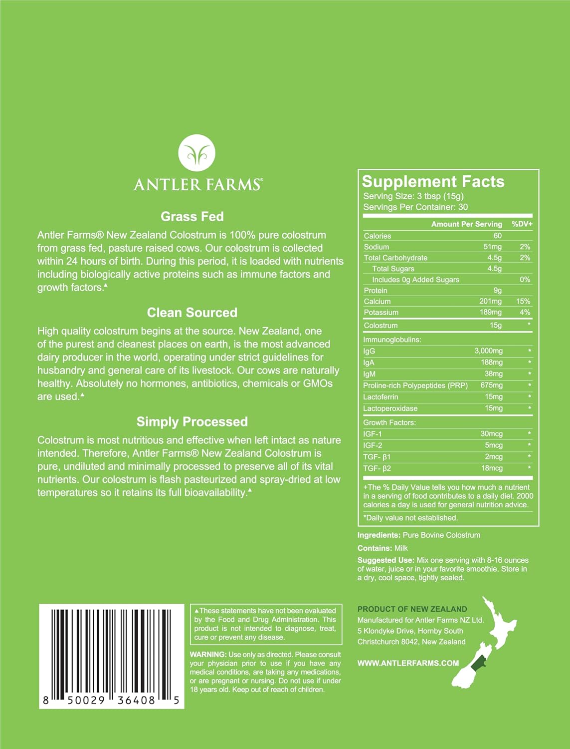 Antler Farms 100% Pure New Zealand Colostrum, 30 Servings, 1 lb - Grass Fed, Pasture Raised, Clean Sourced, Cold Processed, Undiluted, High IgG Content | 100% Pure, Pasture Raised, Clean Sourced, Super Potent, Cold Processed, Undiluted, 20-25% IgG Content