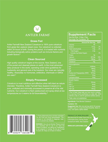 Antler Farms 100% Pure New Zealand Colostrum, 30 Servings, 1 lb - Grass Fed, Pasture Raised, Clean Sourced, Cold Processed, Undiluted, High IgG Content | 100% Pure, Pasture Raised, Clean Sourced, Super Potent, Cold Processed, Undiluted, 20-25% IgG Content