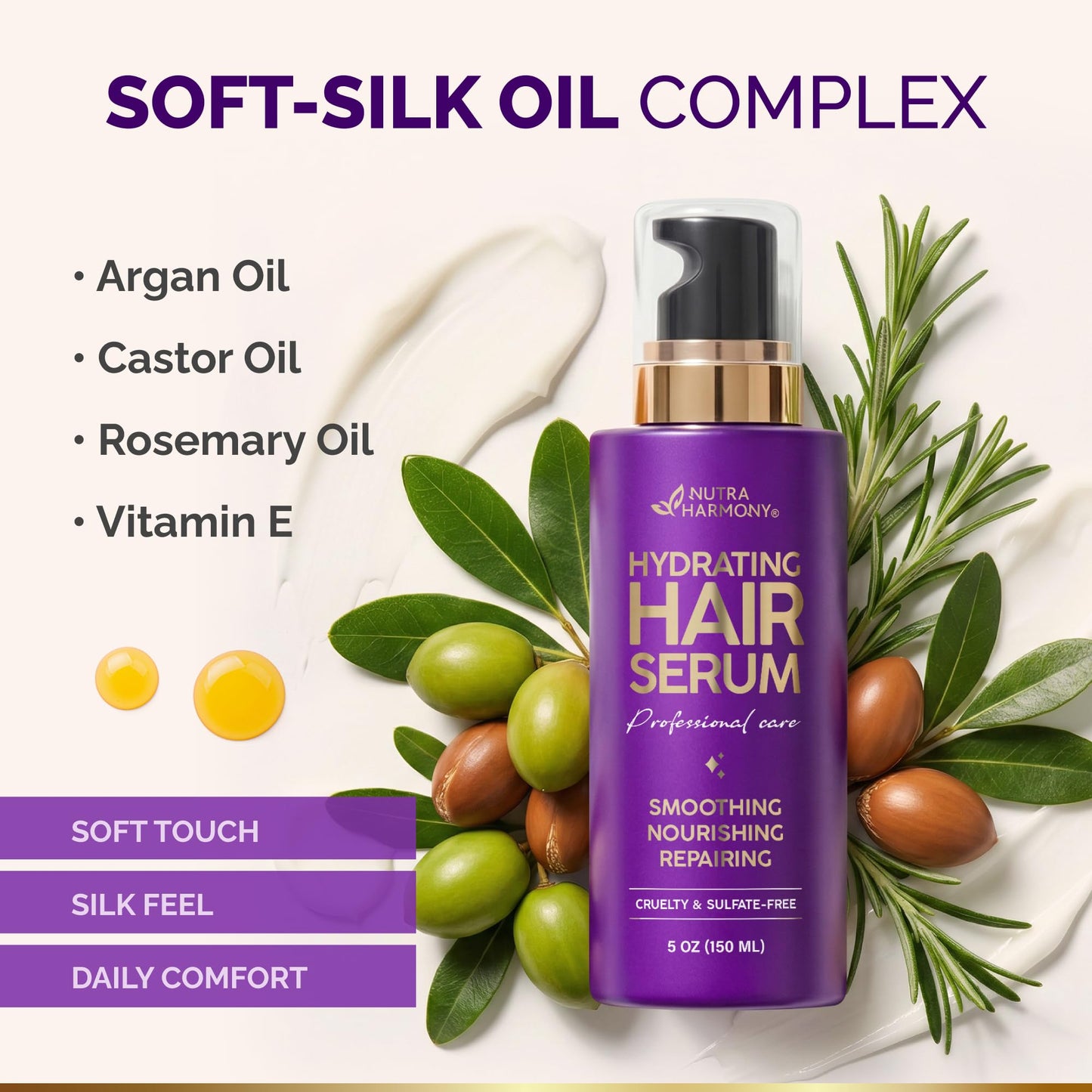 Hydrating Hair Serum for Dry & Frizzy Hair, Lightweight Leave-In Anti-Frizz Treatment, Non-Greasy Split Ends Repair with Keratin, Biotin, Castor & Rosemary Oils, Smooth Shine & Heat Protection, 5 oz