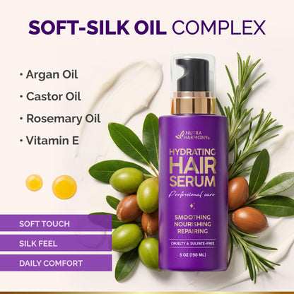 Hydrating Hair Serum for Dry & Frizzy Hair, Lightweight Leave-In Anti-Frizz Treatment, Non-Greasy Split Ends Repair with Keratin, Biotin, Castor & Rosemary Oils, Smooth Shine & Heat Protection, 5 oz