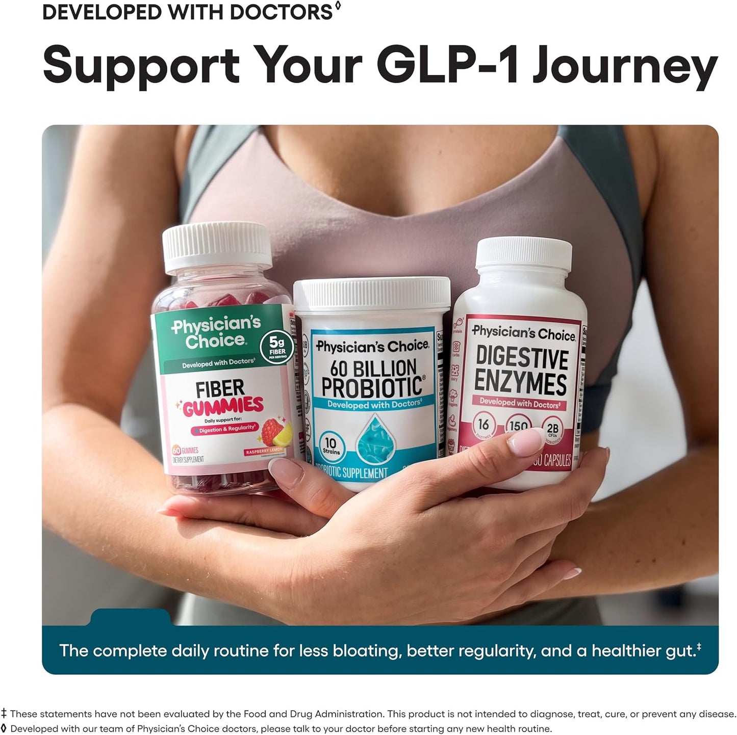 Physician's CHOICE Complete Gut Health Bundle for Bloating, Digestive Health, Immune, & GLP-1 Support - 60 Billion Probiotic 30CT + Digestive Enzymes 60CT + Prebiotic Fiber Gummies 60CT