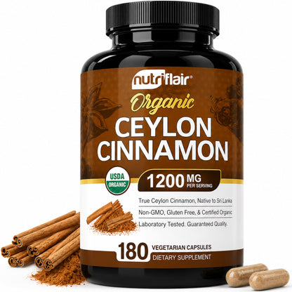 NutriFlair Organic Ceylon Cinnamon Supplement 1200mg, 120 Capsules - USDA Certified - Non-GMO, Gluten Free Powder, Antioxidant Pills