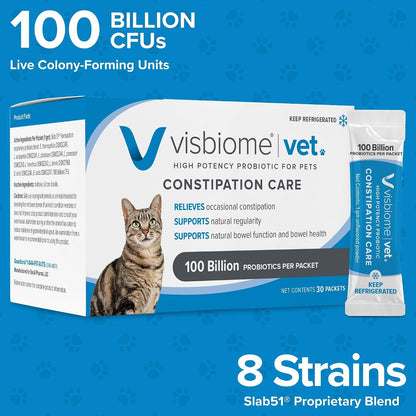 Visbiome® Vet Constipation Care Probiotic for Cats, 100B CFU, 30 Packets | Veterinarian Recommended, Slab51® Formulation, Multi-Strain, Refrigerated Probiotics, Weight-Based Dosing