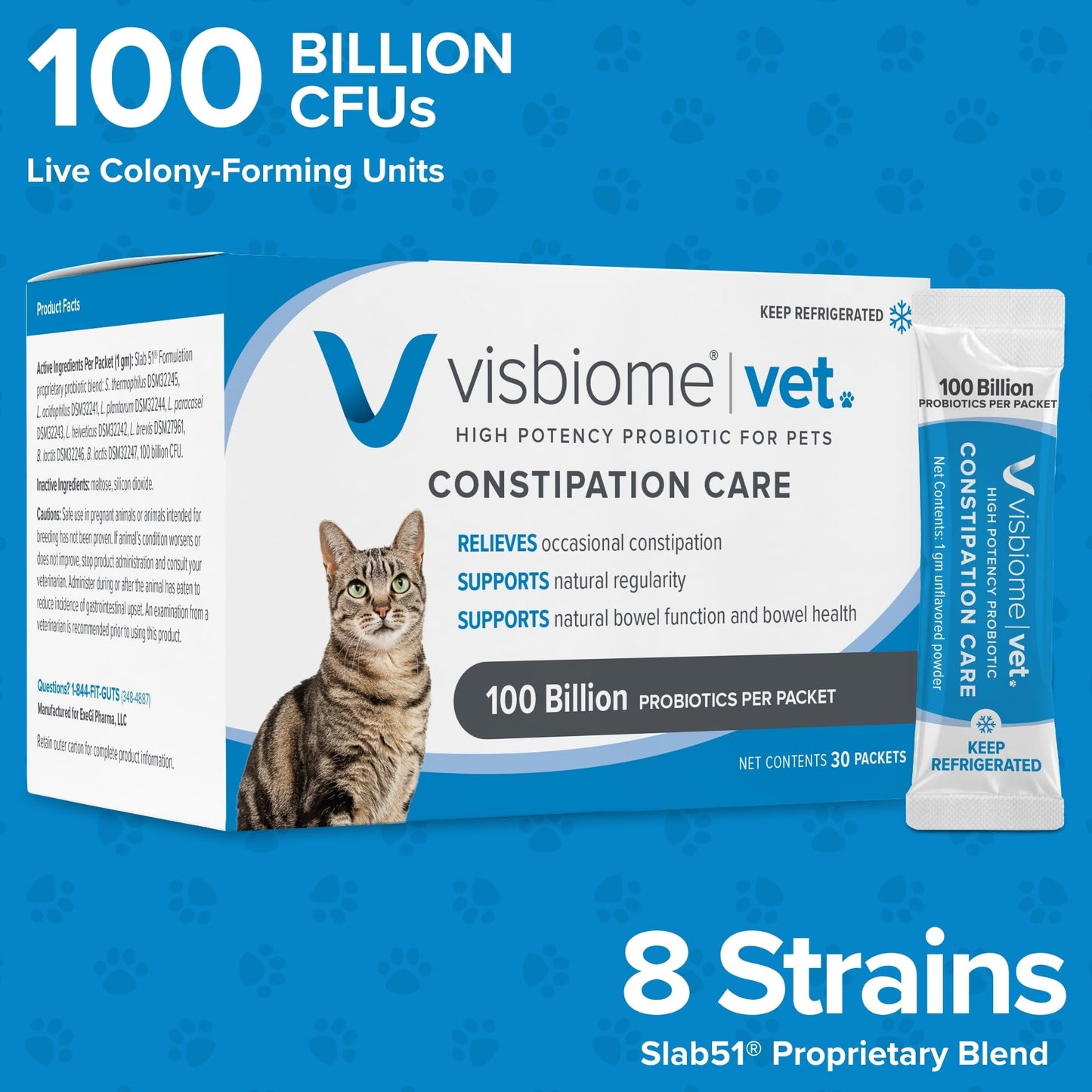 Visbiome® Vet Constipation Care Probiotic for Cats, 100B CFU, 30 Packets | Veterinarian Recommended, Slab51® Formulation, Multi-Strain, Refrigerated Probiotics, Weight-Based Dosing