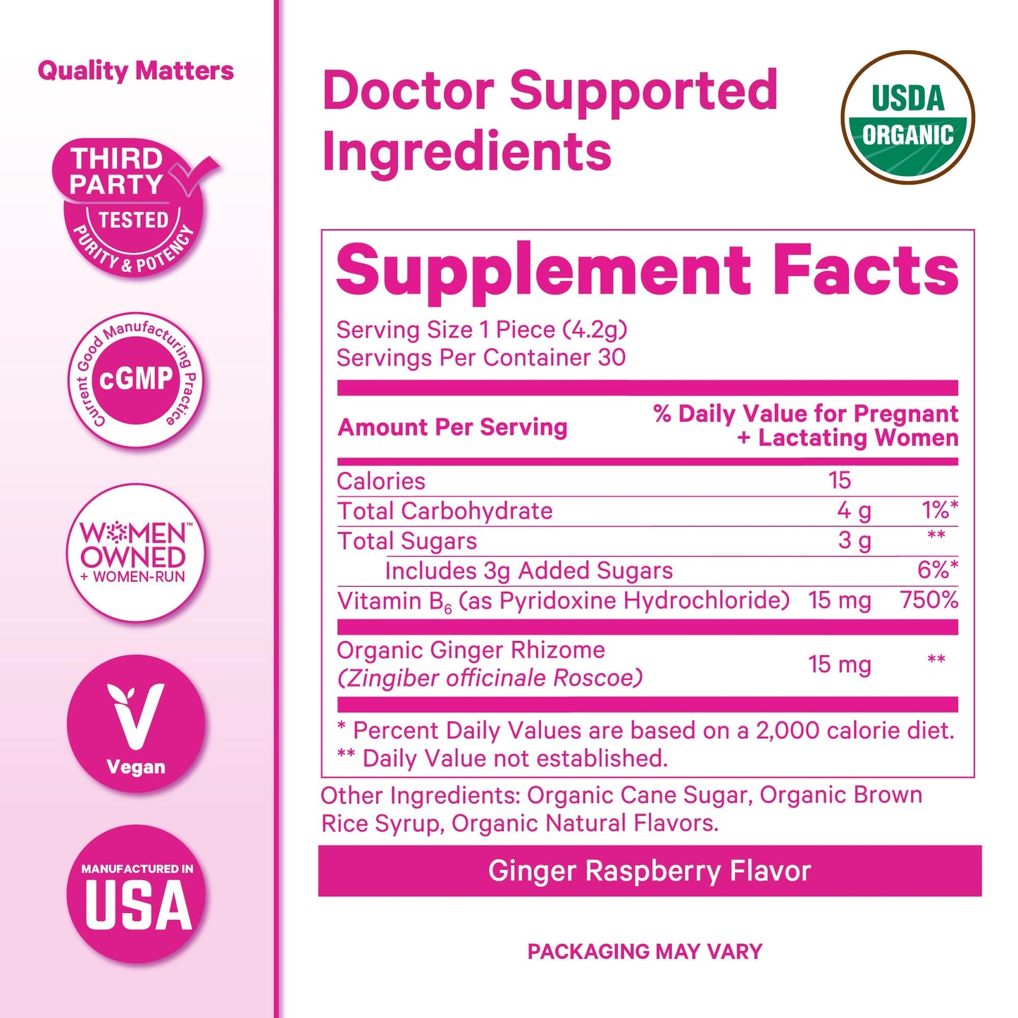 Pink Stork Morning Sickness Sweets Organic Raspberry Ginger, 30 Count | USDA Organic Ginger + Vitamin B6, Motion Sickness Support, Digestive Comfort + Heartburn Support, 30 Wrapped Drops