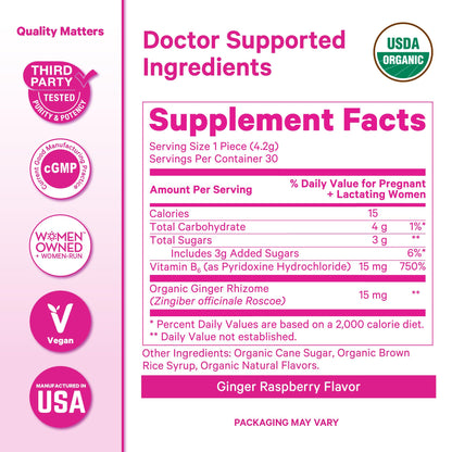 Pink Stork Morning Sickness Sweets Organic Raspberry Ginger, 30 Count | USDA Organic Ginger + Vitamin B6, Motion Sickness Support, Digestive Comfort + Heartburn Support, 30 Wrapped Drops