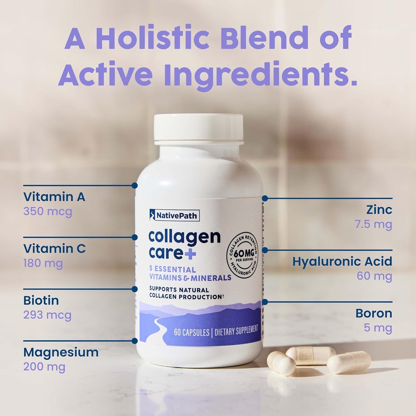 NativePath Collagen Care+, 5 Vitamin Blend with Hyaluronic Acid and Boron that Supports Collagen for Men and Women, 60 Capsules | Vitamins A, C, Zinc & Boron, Supports Skin, Hair, Nails & Your Body's Own Production, Beauty, Women