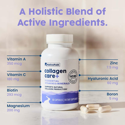 NativePath Collagen Care+, 5 Vitamin Blend with Hyaluronic Acid and Boron that Supports Collagen for Men and Women, 60 Capsules | Vitamins A, C, Zinc & Boron, Supports Skin, Hair, Nails & Your Body's Own Production, Beauty, Women