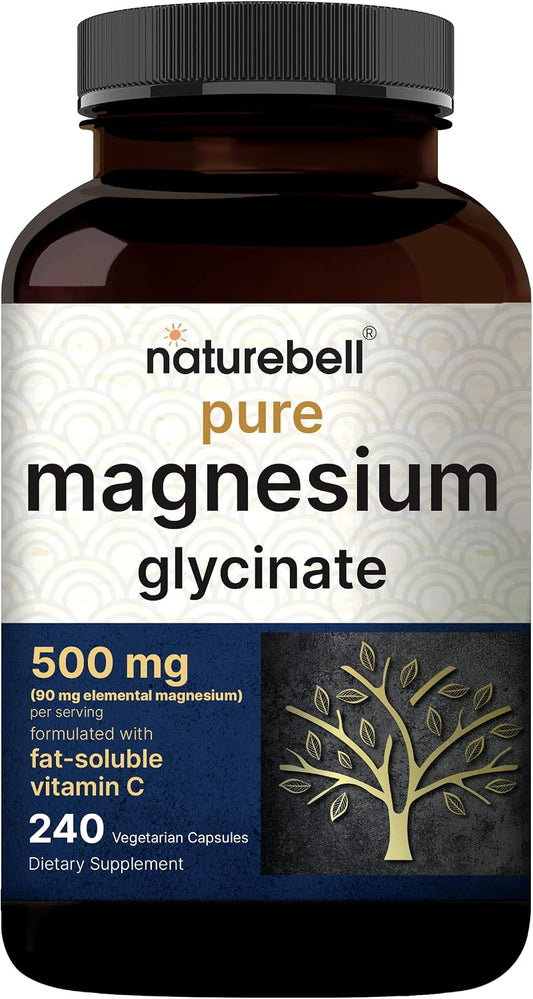 NatureBell Pure Magnesium Glycinate 500mg Per Serving, 240 Veggie Capsules | 100% Chelated & Purified Magnesium Supplement for Women & Men. 3rd Party Tested, Vegan Friendly, Non-GMO, Filler Free.