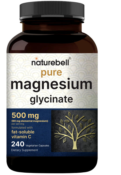 Naturebell Pure Magnesium Glycinate 500mg, 240 Veggie Capsules | 100% Chelated & Purified – 3rd Party Tested, Vegan Friendly, Non-GMO, Filler Free