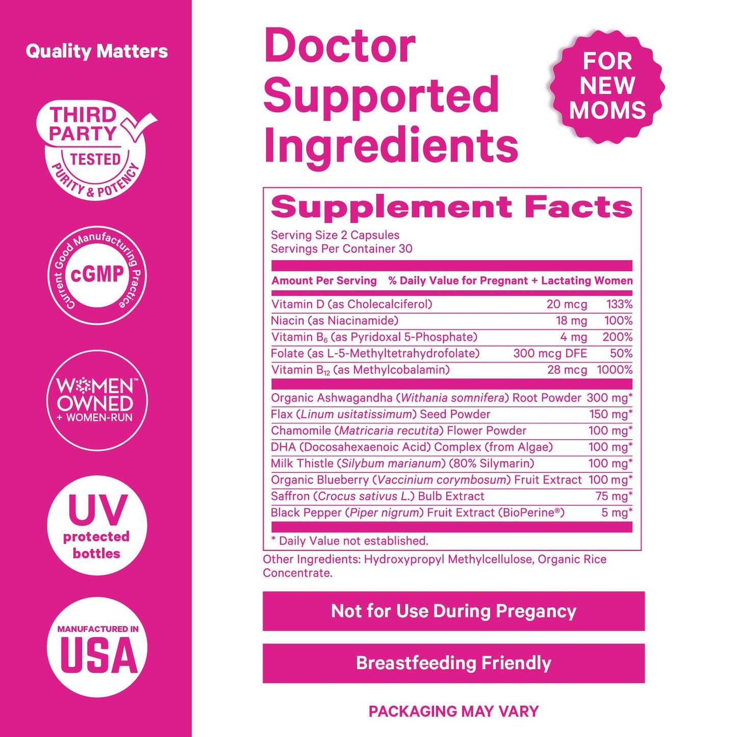 Pink Stork Postpartum Mood Support, 30-Day Supply | Postnatal Supplement for Women, Breastfeeding Friendly, Ashwagandha, Saffron, DHA, Methylated B12, Stress & Cognitive Support