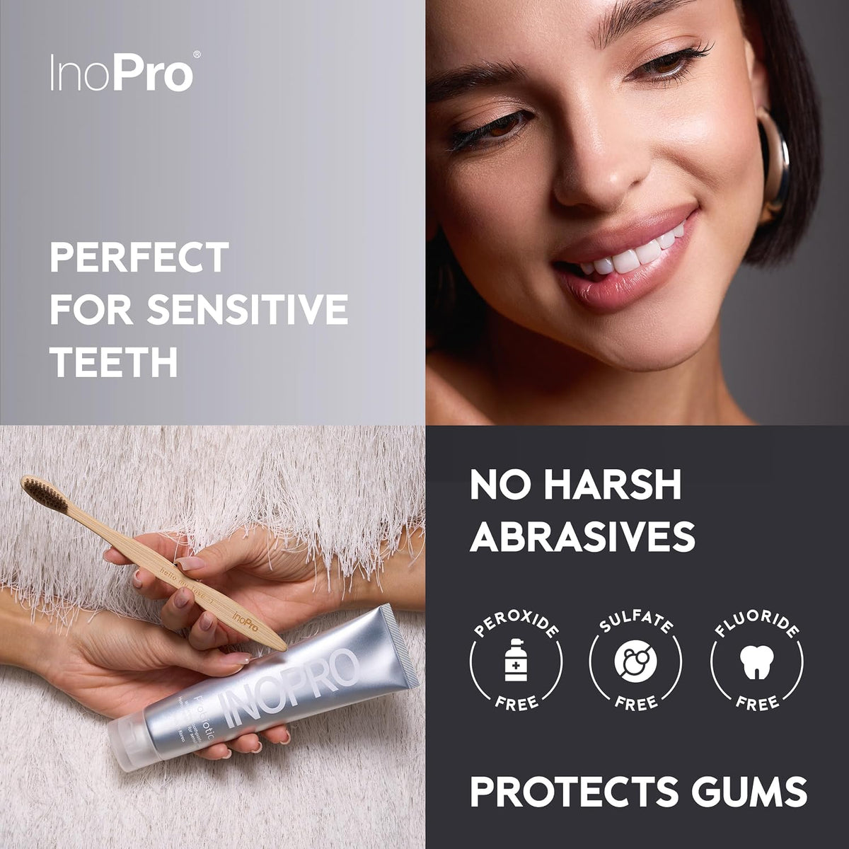 INOPRO Whitening Hydroxyapatite Toothpaste with Probiotic for Sensitive Teeth, Fluoride Free Enamel Support Toothpaste, SLS Free, Baking Soda, Coconut Oil, 5oz