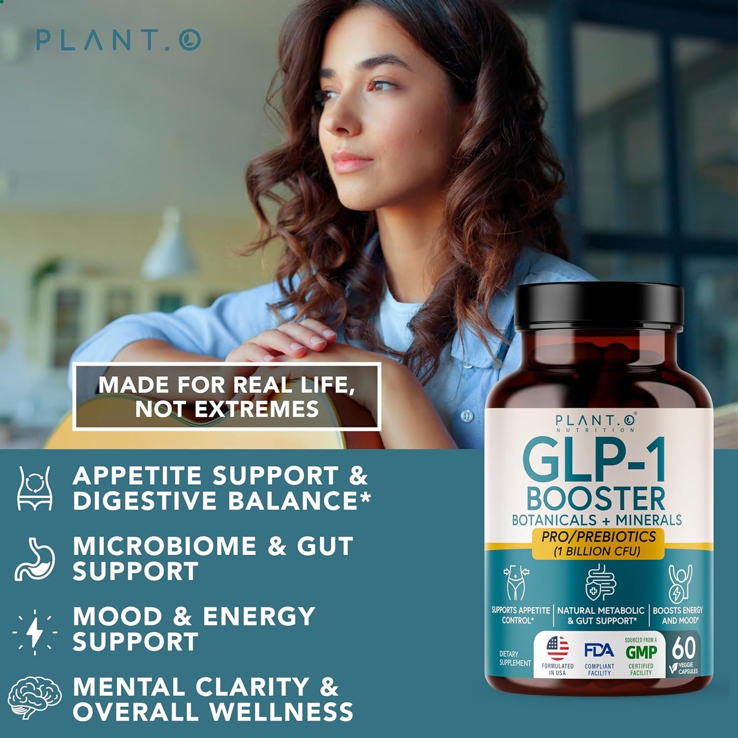 PLANT.O NUTRITION GLP-1 Supplement All in One Appetite Control Metabolic & Gut Support for Men and Women with Pre & Probiotics, Berberine, Cinnamon & Botanicals | 1 Billion CFU – 60 Veggie Capsules