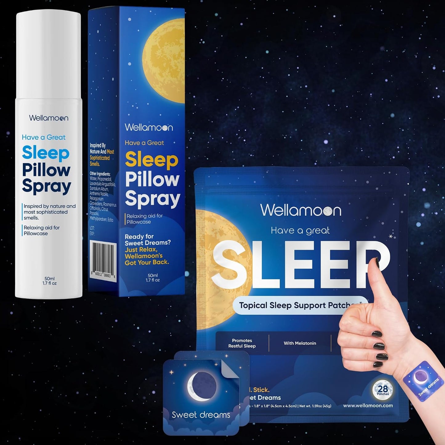 Wellamoon Nighttime Relaxation Duo – Lavender Pillow Spray & Botanical Wellness Patches with Melatonin – Evening Self-Care Routine for Adults