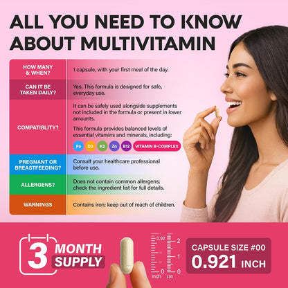 Multivitamin for Women - B-Complex | Whole Foods | Hair Growth Support | Digestion & Metabolism | Iron - 47in1 Womens Multivitamin - Bioavailable & Gentle on Stomach - 90 Capsules, 3 Month Supply