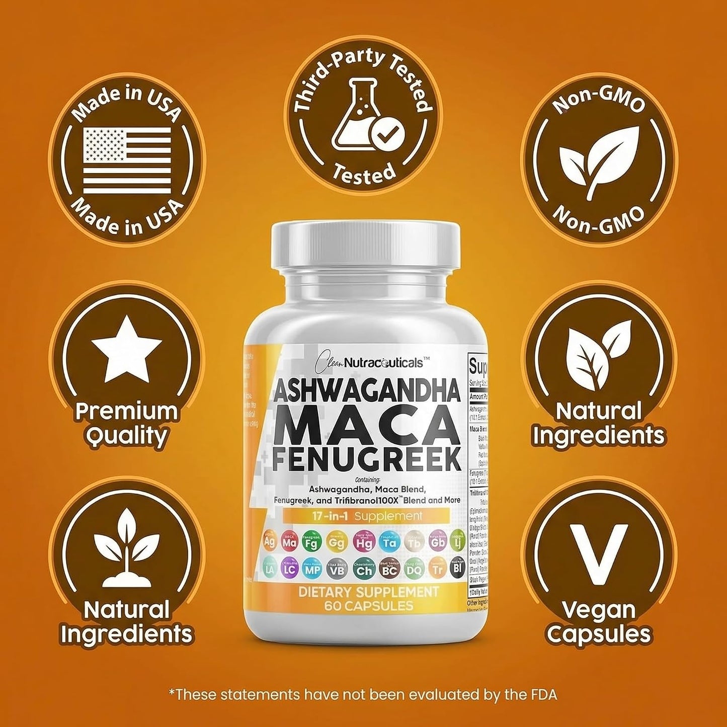 Clean Nutraceuticals Ashwagandha Maca Root Fenugreek Supplement with Tongkat Ali Ginseng - Assists with Stress, Mood & Thyroid - Ashwagandha Capsules Fenugreek Caps