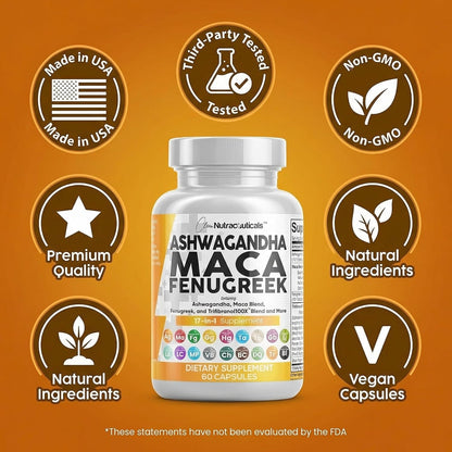 Clean Nutraceuticals Ashwagandha Maca Root Fenugreek Supplement with Tongkat Ali Ginseng - Assists with Stress, Mood & Thyroid - Ashwagandha Capsules Fenugreek Caps