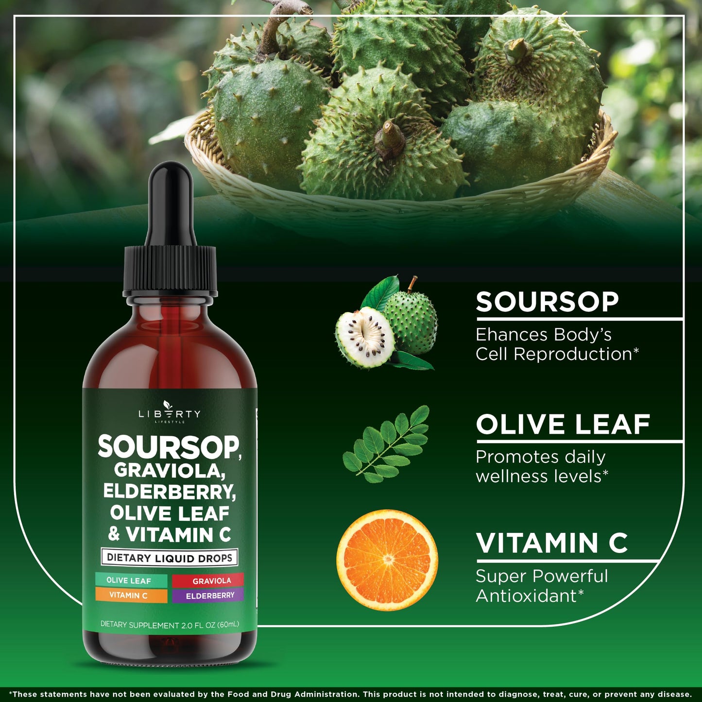 Liberty Lifestyle Soursop Liquid with Soursop Fruit and Leaves, Elderberry, Vitamin C and Olive Leaf - Multimineral & Vitamins Superfood - 4 oz