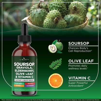 Liberty Lifestyle Soursop Liquid with Soursop Fruit and Leaves, Elderberry, Vitamin C and Olive Leaf - Multimineral & Vitamins Superfood - 4 oz