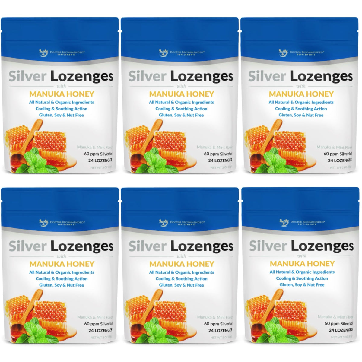 Silver Lozenges with Organic Manuka Honey and Vitamin C - All-Natural Nano Silver 45-50mcg of 60 PPM Colloidal Silver Mineral Drops to Support Immune System, Soothe, Cool Cough & Throat, 24-Lozenges