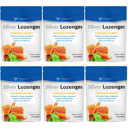 Silver Lozenges with Organic Manuka Honey and Vitamin C - All-Natural Nano Silver 45-50mcg of 60 PPM Colloidal Silver Mineral Drops to Support Immune System, Soothe, Cool Cough & Throat, 24-Lozenges