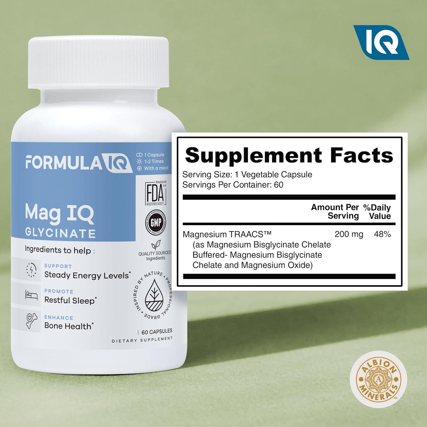 Formula IQ - Mag IQ Glycinate - Magnesium Bisglycinate Chelate TRAACS - High Absorption Magnesium Glycinate Supplement - Sleep, Daily Energy, & Bone Wellness - 60 Capsules