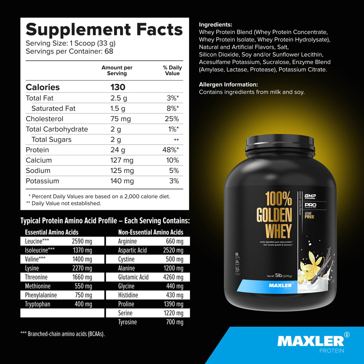 Maxler 100% Golden Whey Protein - 24g of Premium Whey Protein Powder per Serving
