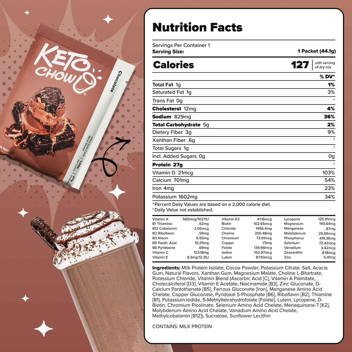 Keto Chow Chocolate Peanut Butter Meal Replacement Shake Powder, 1 Meal