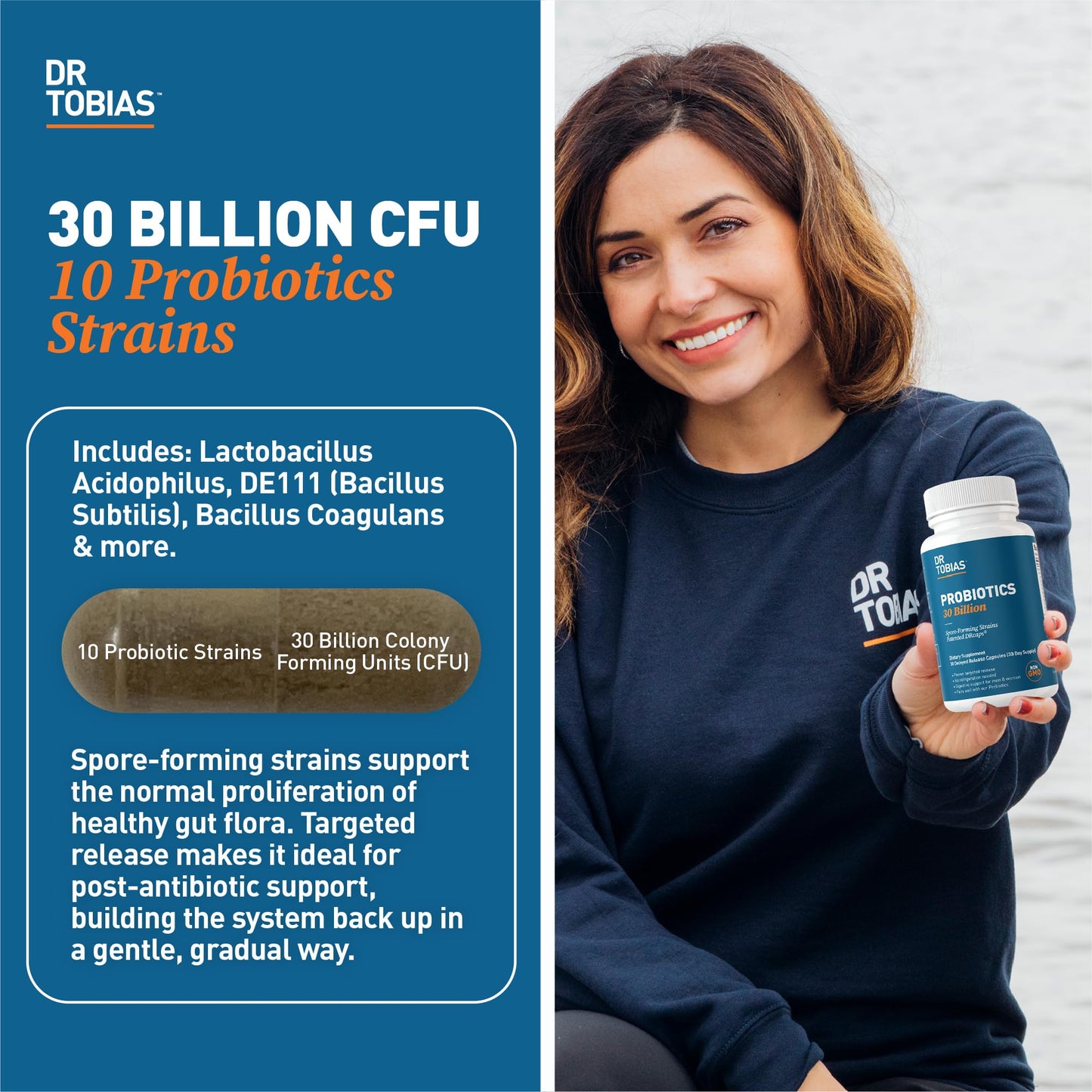 Dr. Tobias Probiotics 30 Billion CFU 30 Capsules | Gut Health Support | Daily Digestive Support | 10 Probiotic Strains | Targeted Release Probiotics for Women & Men | Shelf Stable | 30 Servings