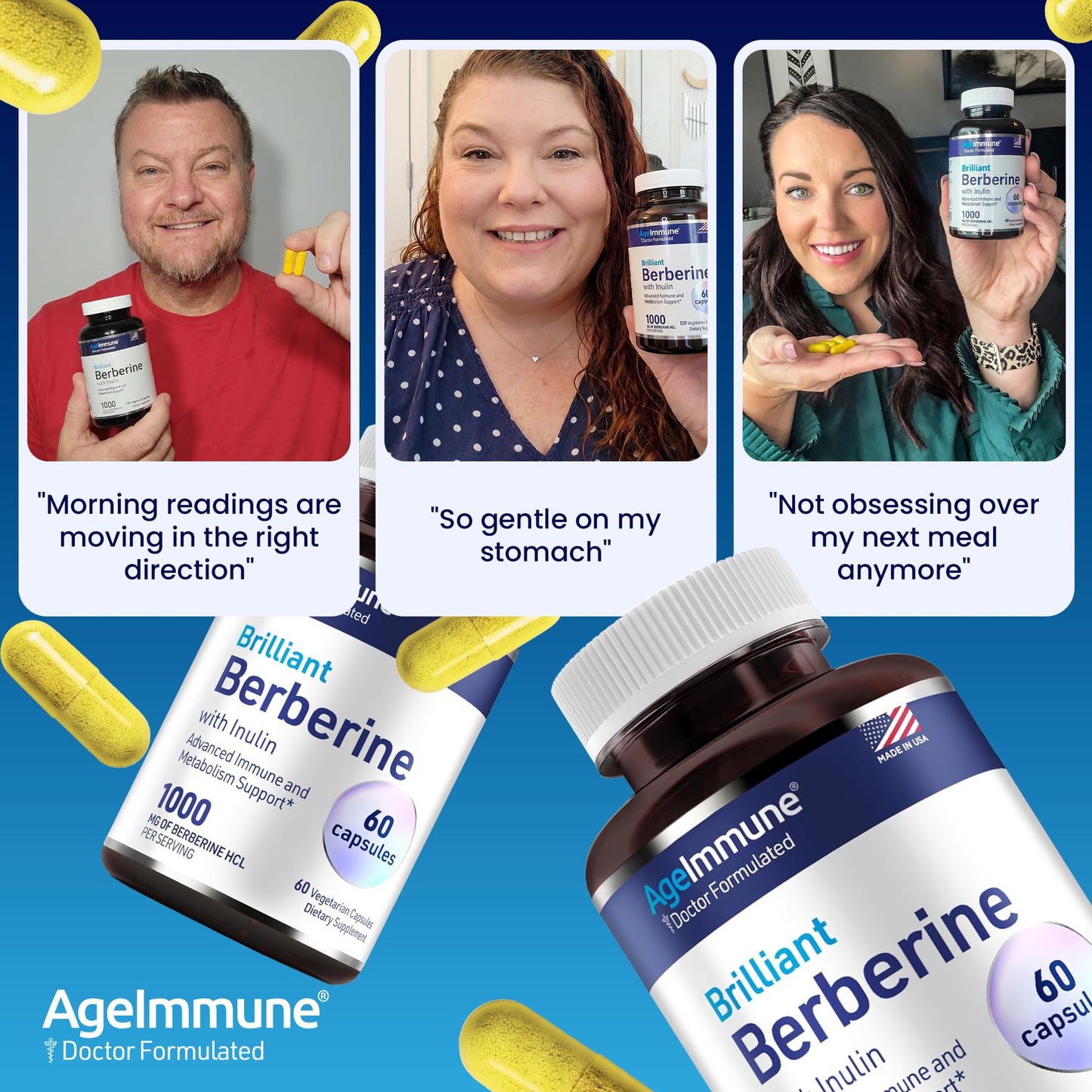 AgeImmune Berberine 1000mg Supplement Complex with Inulin Prebiotic - Berberine HCL 500mg per Capsule - Doctor Formulated and Third Party Tested Berberine Supplement