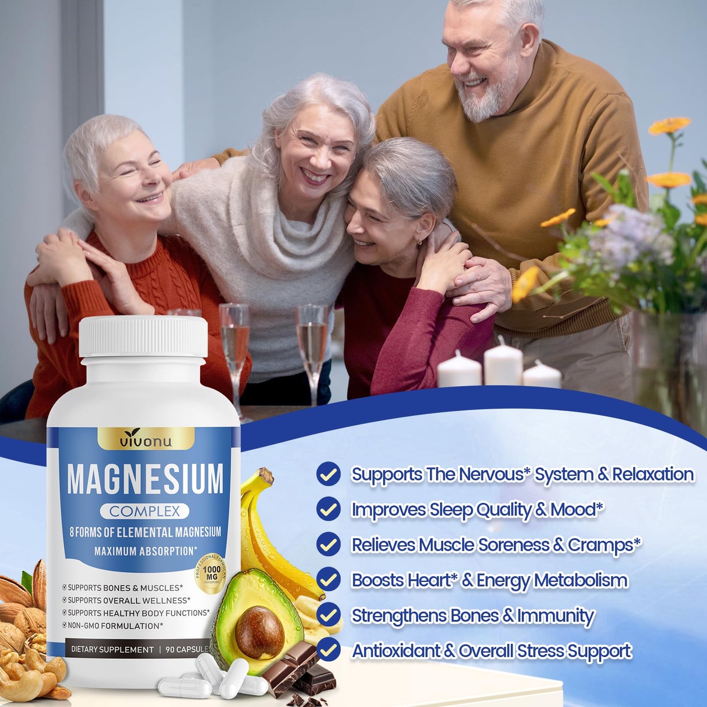 8 Magnesium Complex for Women, Maximum Absorption* 1000mg Formula – Supports Healthy Muscles, Bones, Nerves & Overall Body Functions, Premium Non-GMO Supplement, 90 Capsules