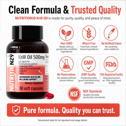 N29 Antarctic Krill Oil 500mg,60 softgels,Omega 3 Supplements with EPA,DHA | Astaxanthin,Phospholipid for Heart Brain Joint Skin Support,No Fishy Burps,Non-GMO, Gluten-Free