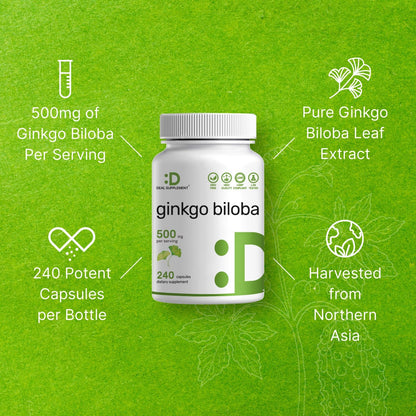 DEAL SUPPLEMENT Ginkgo Biloba 500mg Per Serving, 240 Capsules, 4 Month Supply – Grown in Northern Asia – Extra Strength, Promotes Brain Function