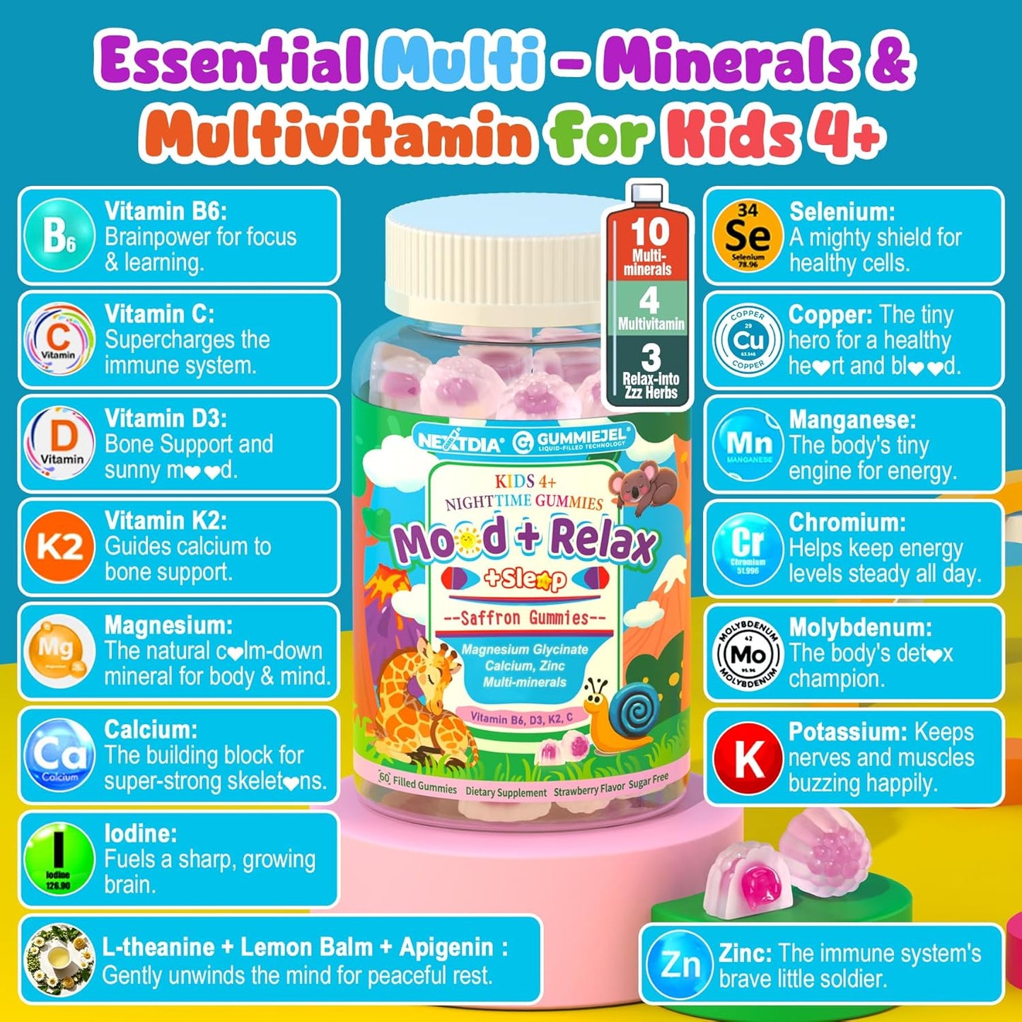 Kids 4+ Magnesium + Saffron Sleep Gummies, Relax Happy Filled Gummy, Bedtime Calcium Zinc, Mineral + Multivitamin Gummies, Melatonin Free | Vitamin D3 K2 | Bone, Only Need 1 Gummy - Sweet Dream Magic