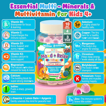 Kids 4+ Magnesium + Saffron Sleep Gummies, Relax Happy Filled Gummy, Bedtime Calcium Zinc, Mineral + Multivitamin Gummies, Melatonin Free | Vitamin D3 K2 | Bone, Only Need 1 Gummy - Sweet Dream Magic