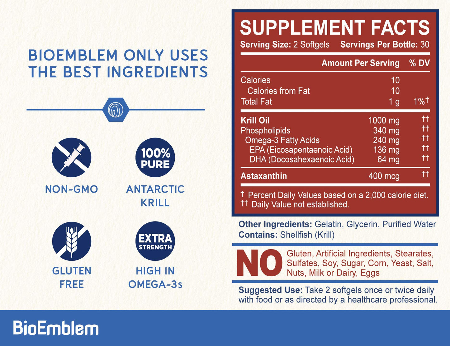 BioEmblem Antarctic Krill Oil Supplement | 1000mg Per Serving | Omega-3 Oil with High Levels of EPA + DHA, Astaxanthin, and Phospholipids | No Fishy Aftertaste | 60-Count Non-GMO Softgels