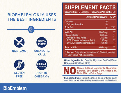 BioEmblem Antarctic Krill Oil Supplement | 1000mg Per Serving | Omega-3 Oil with High Levels of EPA + DHA, Astaxanthin, and Phospholipids | No Fishy Aftertaste | 60-Count Non-GMO Softgels