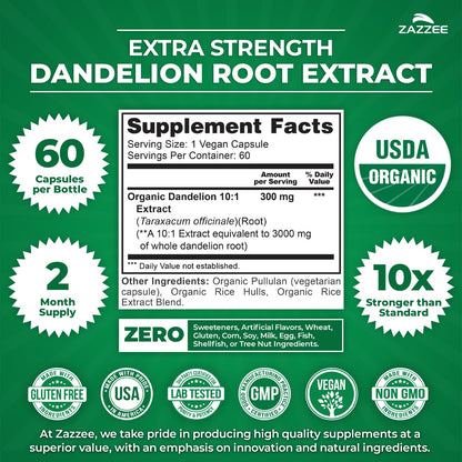 Zazzee USDA Organic Dandelion Root 10:1 Extract, 120 Capsules, 4 Month Supply, Liver & Detox Support, Taraxacum Officinale, Organic Herbal Supplement, All-Natural, Non-GMO, Made in the USA