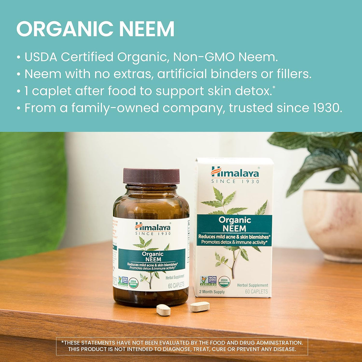 Himalaya USDA Organic Neem Herbal Supplement, 600 mg, 60 Caplets