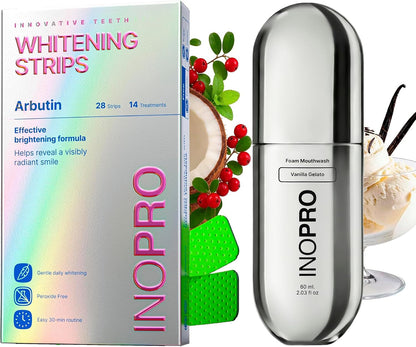 InoPro Teeth Whitening Strips 14 Treatments Kit + Foam Mouthwash with Nano-Hydroxyapatite, Xylitol, Hyaluronic Acid, Vinamin C - Vanilla Gelato
